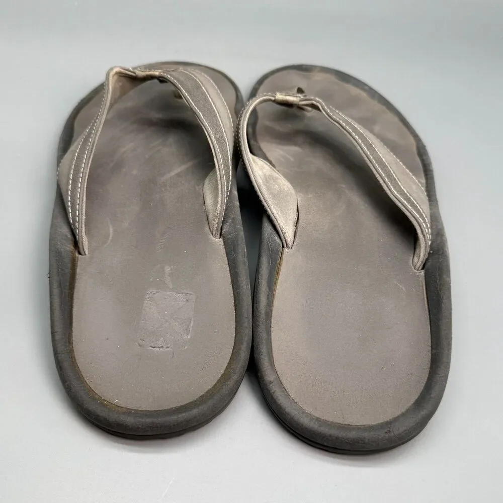 OluKai Ohana Koa Men's 12 Gray Leather Slip-On Flip Flop Sandals Comfort Shoes